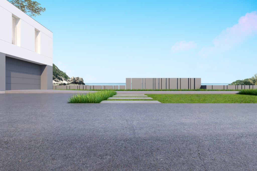 empty-concrete-road-with-garage-building-landscape-sea-background-3d-rendering